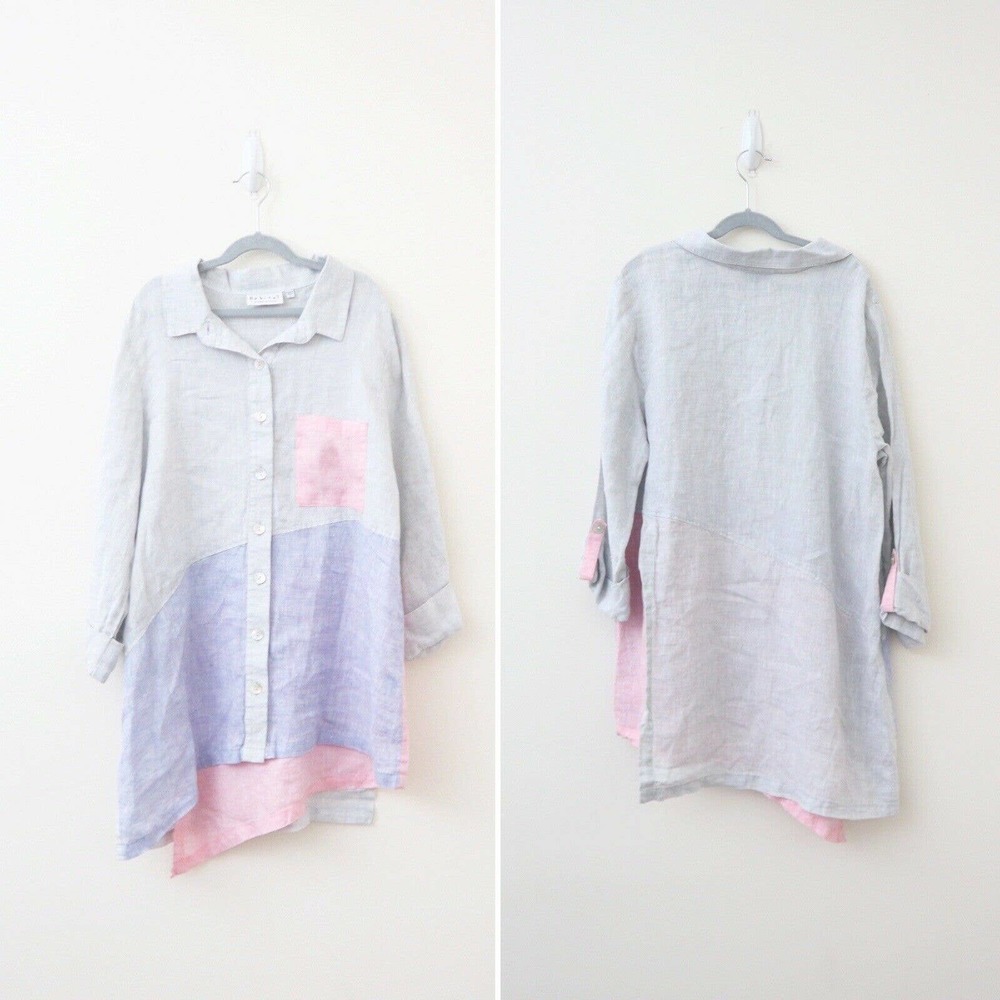 Habitat Light Gray Linen Button-Down Tunic with Pink and Lavender Panels